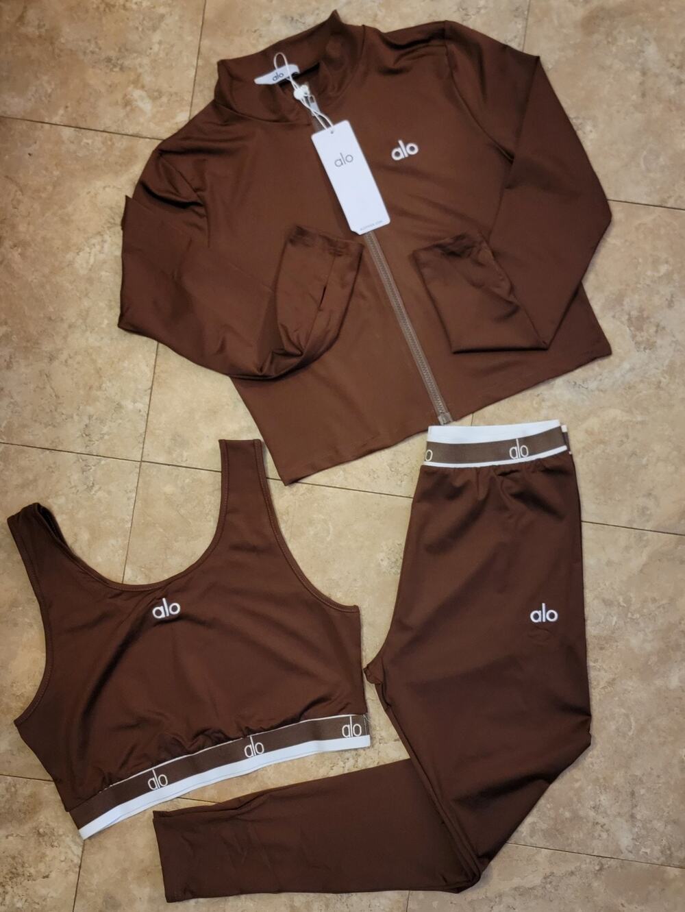 Women Activewear Sz L Brown Tracksuit 3 pc Sport Bra Jacket Pants Athleisure